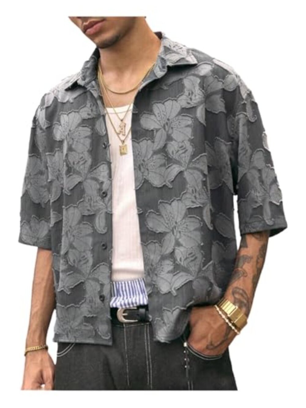Men's Floral Button Down Crop Shirt Half Sleeve Boho Streetwear Summer Casual